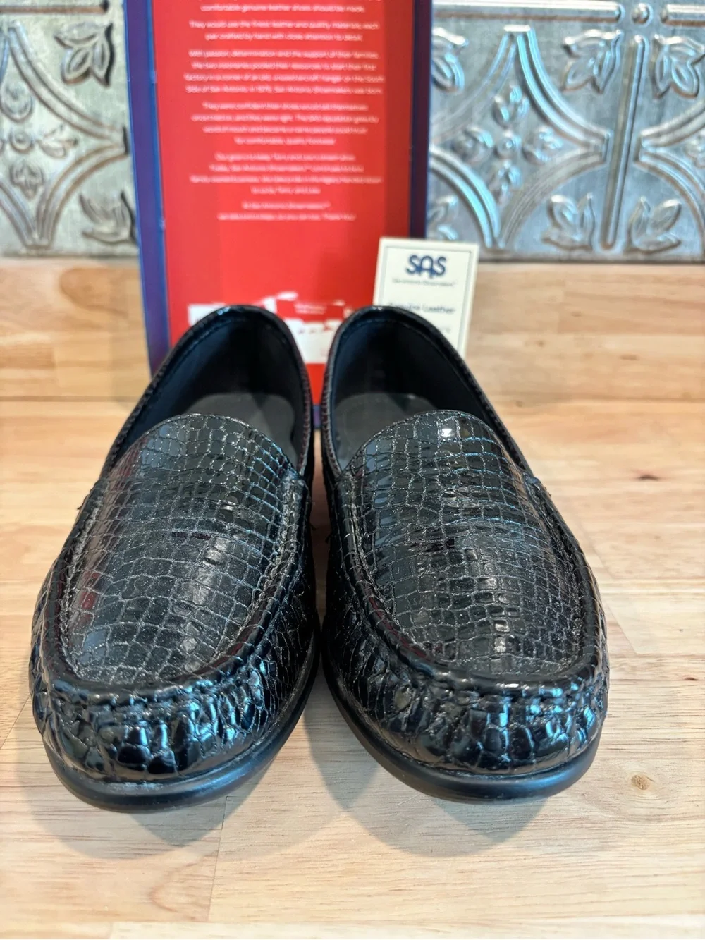 SAS Black Leather Croc Slip-On Loafers 9.5N